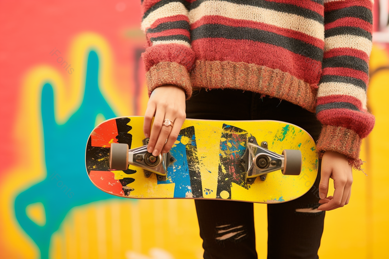 潮流滑板美女青春时尚破牛仔裤彩色背景摄影图,高清,摄影图,摄影图片,图片大全,摄影图免费下载